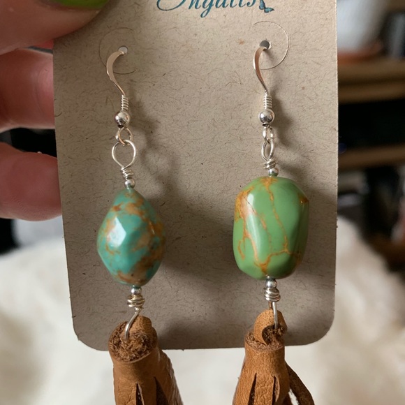 NWT • leather tassel turquoise nugget earrings - Picture 3 of 4